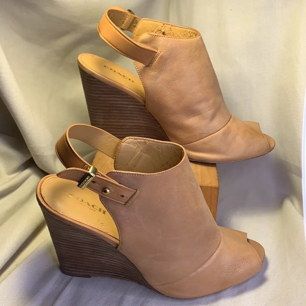 Coach peep toe leather wedge slingback shoes